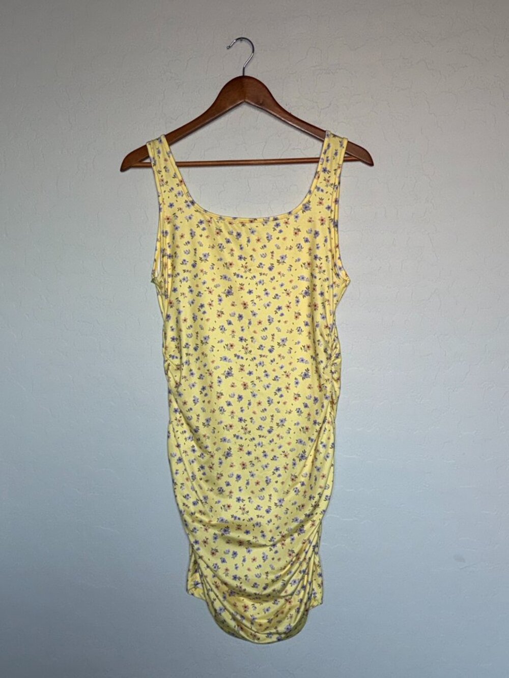 Floral Yellow Bodycon Ruched Sides High-Low Dress Floral Pattern Summer Spring - Picture 11 of 12